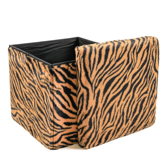 Go-Poufs Knock-Down Medium Cube Faux Fur Storage Ottoman | Tiger Tan/White - Picture 2 of 6